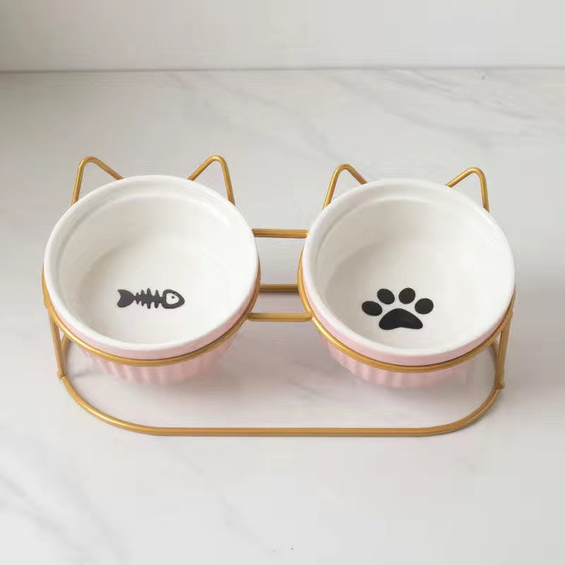 Ceramic Double Elevated Pet Feeding Water Bowl