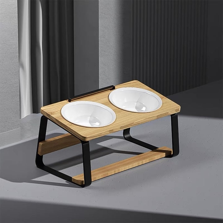 Ceramic Double Bowl Elevated Pet Feeding Water Bowl