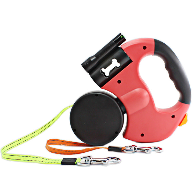 Dual-Head Retractable Pet Leash With Flashlight Bag Holder