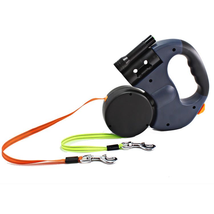 Dual-Head Retractable Pet Leash With Flashlight Bag Holder