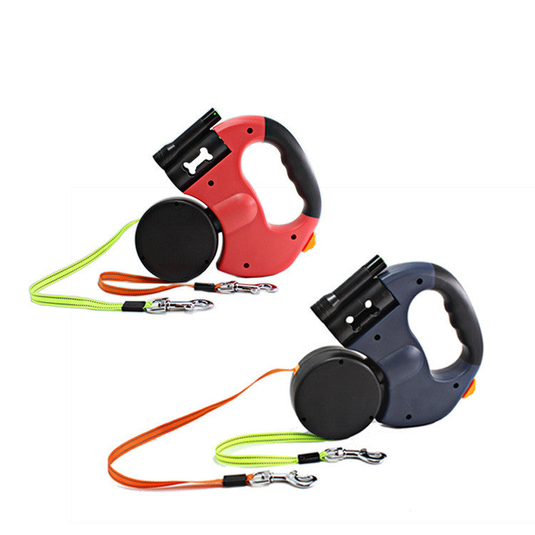 Dual-Head Retractable Pet Leash With Flashlight Bag Holder