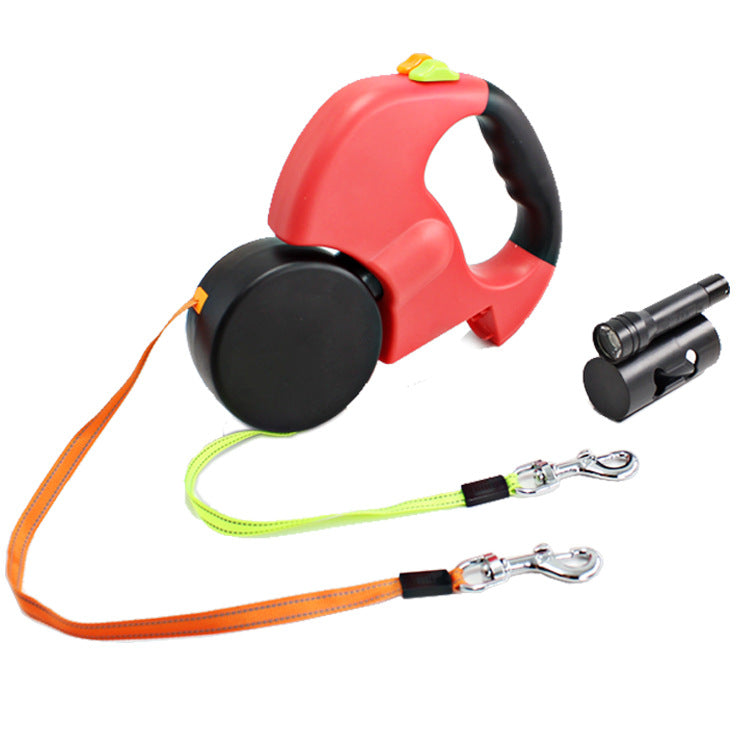 Dual-Head Retractable Pet Leash With Flashlight Bag Holder