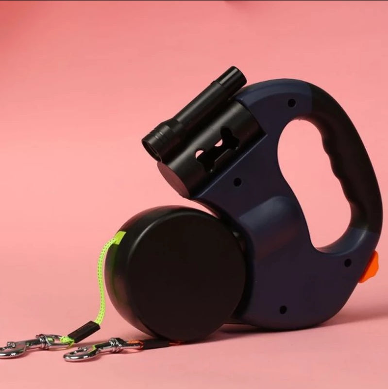 Dual-Head Retractable Pet Leash With Flashlight Bag Holder