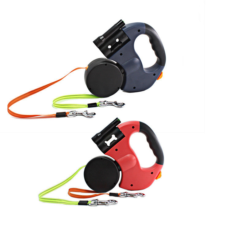 Dual-Head Retractable Pet Leash With Flashlight Bag Holder