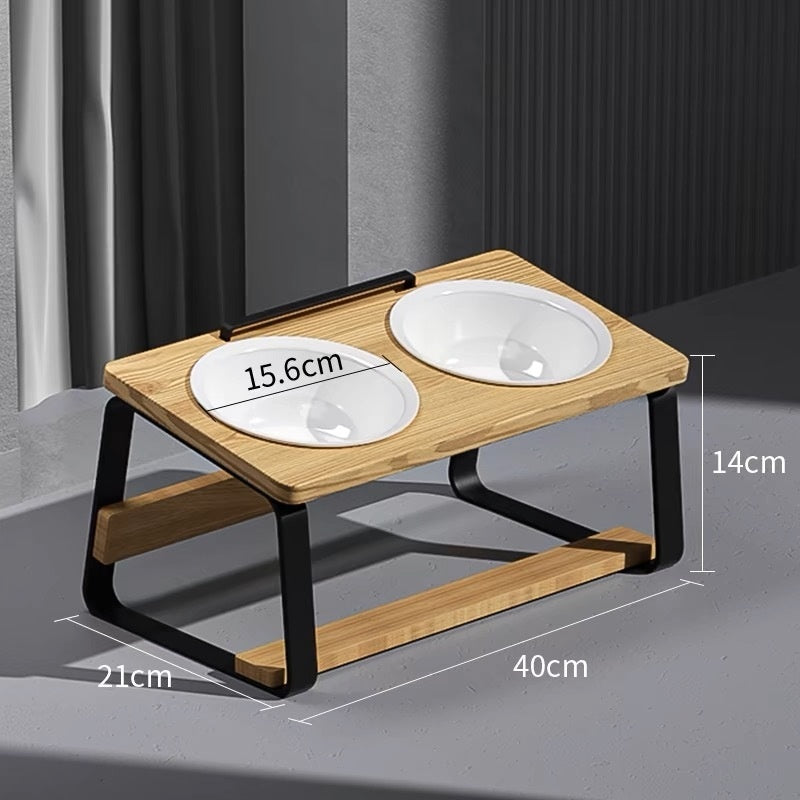 Ceramic Double Bowl Elevated Pet Feeding Water Bowl