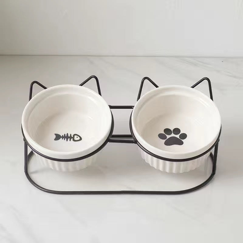 Ceramic Double Elevated Pet Feeding Water Bowl
